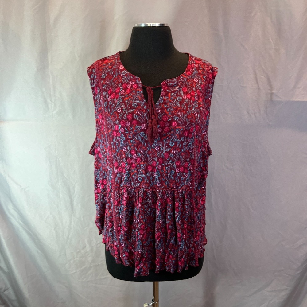 Faded Glory Tunic Blouse Women XL Multicolor Stretch Floral Tie Front Sleeveless